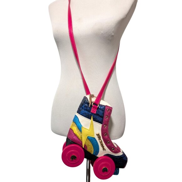 Betsey Johnson Roller Skate Blue Pink Yellow Rainbow Glitter Crossbody Bag Purse - Picture 5 of 12